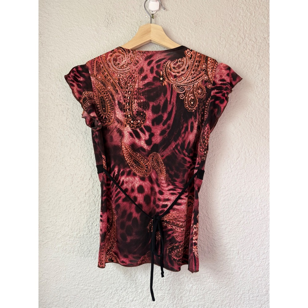Vintage Y2K Rave Women Babydoll Paisley Leopard Print Empire Waist Top M - Picture 2 of 4